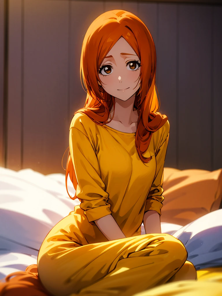 Orihime Inoue, 1girl, Single, Sitting on bed, Wearing yellow pajamas, Yellow shirt, Yellow pants, Hair between the eyes, long hair, Hair decoration, Looking at the viewer, Untidy hair, Orange hair, Single, Thighs, long hair, ((Masterpiece)), She smiles, dark room, tv in background