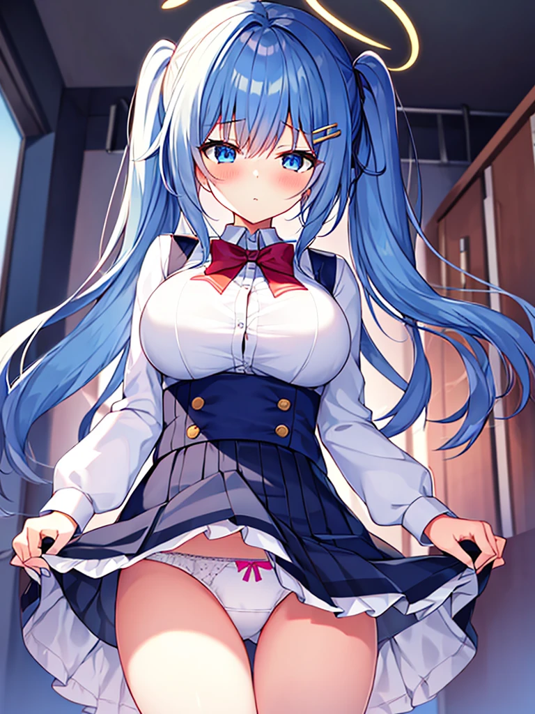 1 Girl, Solitary, , underwear, breast, skirt, hexist, Halo, Large target_breast, blue_hair, Umbilical cord, hair_Exceed_one_Eye, long_hair, White_skirt, White_, White_background, hair_Decorations, hairclip, clothing_lift, bow_, lifted_go through_Own, _background, skirt_lift, sock, from_below, Watching_exist_Viewer, long_sleeve, bow, diaphragm, blush, side_Ponytail, Berets, thigh, Bangs, shirt, Black_Headdress, blue_Eyes,