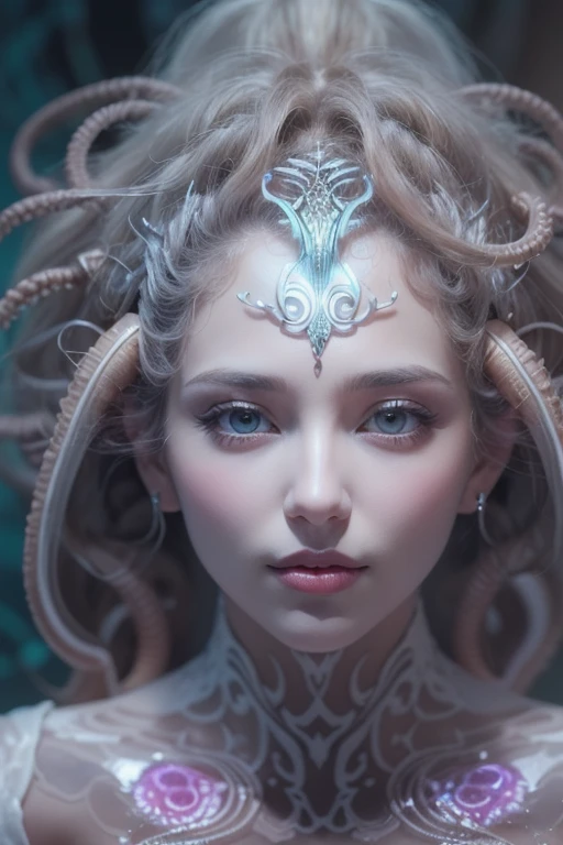 (A portrait of one beautiful and obscene female alien who is a young teenager:1.4), ((There is a female genital-like organ in the middle of her forehead:1.8)), (realistic face:1.2), (Numerous award-winning masterpieces, with incredible detail, textures and maximum detail), artistic photography, midnight aura, unreal engine 5, Ultra Sharp Focus, art by Amano Yoshitaka, ArtGerm, Roisch, intricate artwork, ultra realistic realism, high resolution, High freshness, drawing faithfully, official art, Unity 8K Wall paper, ultra detailed artistic photography, dream-like, Creation of fantasy, dream Snail, (biopunk nautilus:1.3),Thrilling color schemes, seductively smiling, Amazing mutation, well-proportioned body, goddess of the deep sea, fractal, Geometric pattern, impossible figures, (translucent white tentacles with luminescent organs:1.4), subtle emerald green accents, (smiling seductively:1.3),(She has the most beautiful face in the history of the universe:1.5), Penelope Cruz, (she is looking down at viewers with glowing iridescent eyes with no pupils:1.3), an evil gaze that seduces, cinematic lighting, (Vampire-like long canine teeth can be glimpsed through the gap between the cute lips:1.3), in the hall of the palace, Sweet breath is exhaling from beautiful lips, ecstatic expression ((nude:1.2)) crouching sitting legs spread sweat wet hairy pussy peeing water from pussy. Close up.panty shot ((no panty)) super hot pornstar model having sex