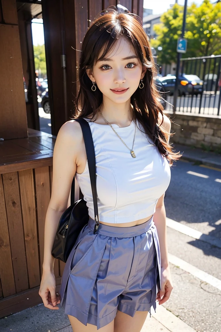 A cup breasts、pale face:1.3、Super thin face:1.3, (very big eyes:1.5)、 (blown eyes:1.5), master piece、8K, {highest quality}, {{masterpiece}}, {very delicate and beautiful}, outstanding light and shadow, highly detailed wallpaper, clear and bright sunlight, Full body: 1 girl, , blush、茶colourのショートボブヘア, strong sunlight,  (Cropped organic linen halterneck top in pastel lavender,high-waisted pleated hemp blend culottes,vegan leather slingback flat shoes,recycled ocean plastic mini backpack in metallic silver,sustainable wood geometric necklace:1.5),  delicate hair, Acup breasts, shiny skin, Realistic human skin texture, visible wrinkles on the skin., broad shoulders,window, ((a strong light shines on your face)), colour々take a pose:1.5, necklace、ring、earrings、(Toothless smile:1,5),  Shibuya Station background