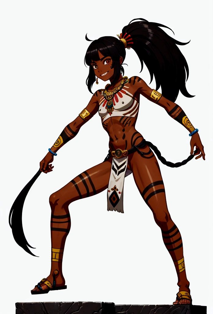  higres, stable diffusion 3, 1boy, solo, most beautiful girl oft the world, solo, native girl, , medium black hair, ponytail, dark skin, golden eyes, mischievous smile, teeth, sharp teeth, mischievous look, hip bones, native warrior , bodypaint, tribal bodypaint, bodypaint chest, loincloth, leather sandals, aztec, aztec boy, , standing, legs apart, full body,  white background, simple background,  Genshin impact style 
