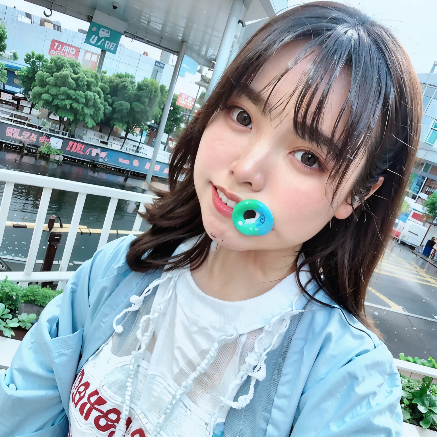 Highest quality, Ultra-high resolution, (Realistic:1.4), One girl, Oversized jackets, White shirt, Ride the Ferris wheel, Bare shoulders, cute, (Pop Idols of Japan), (aegyo sal:1), (Brown Hair:1), ((Puffy eyes)), View your viewers, Look forward, smile, Laughter