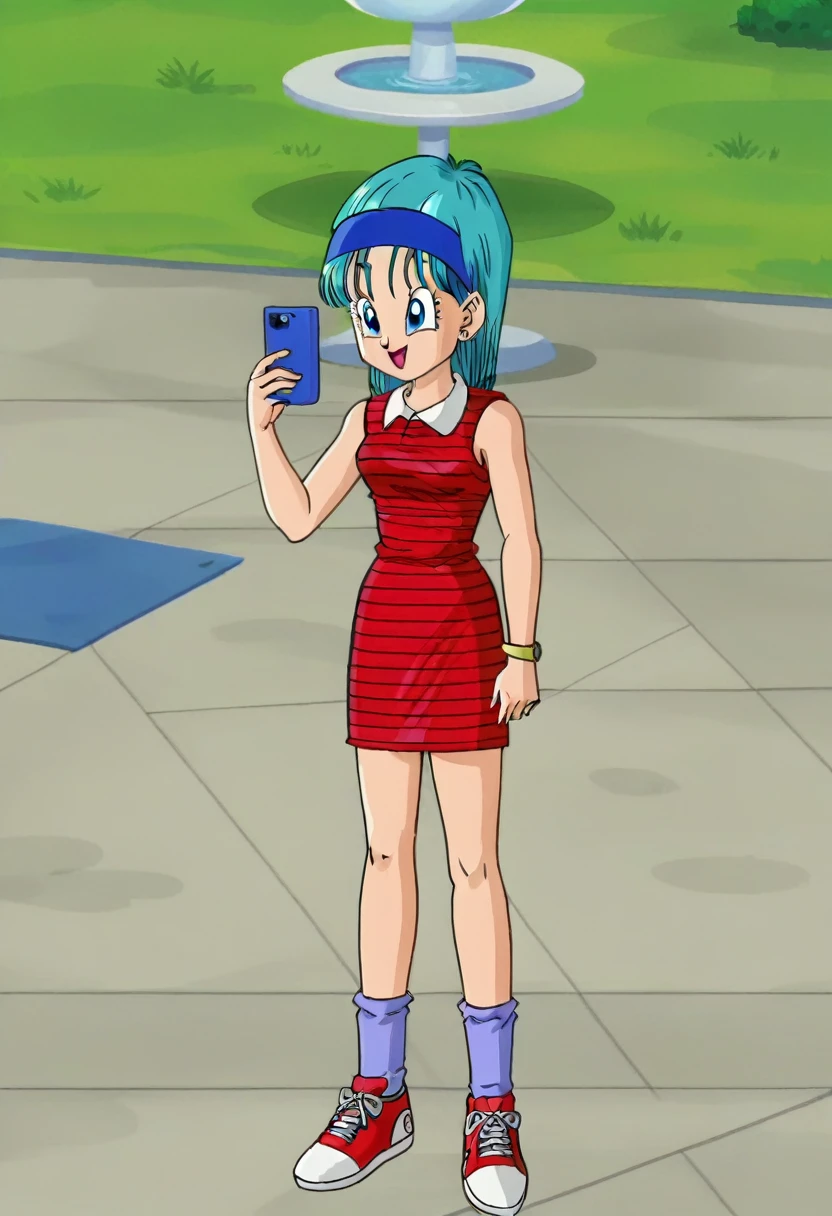 fountain_cheered up, score_9, score_8_above, score_7_above, cheered up screencap,
cell phone saga, Straight hair, aquamarine hair, Blue eyes, Blue headband, BULMA, 1 girl, Alone, red striped dress, short dress, socks, striped, red shoes, zapatillas
Legs crossed in chair