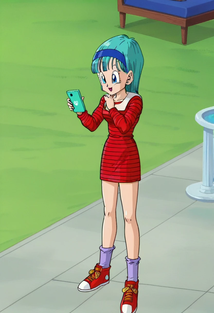 fountain_cheered up, score_9, score_8_above, score_7_above, cheered up screencap,
cell phone saga, Straight hair, aquamarine hair, Blue eyes, Blue headband, BULMA, 1 girl, Alone, red striped dress, short dress, socks, striped, red shoes, zapatillas
Legs crossed in chair