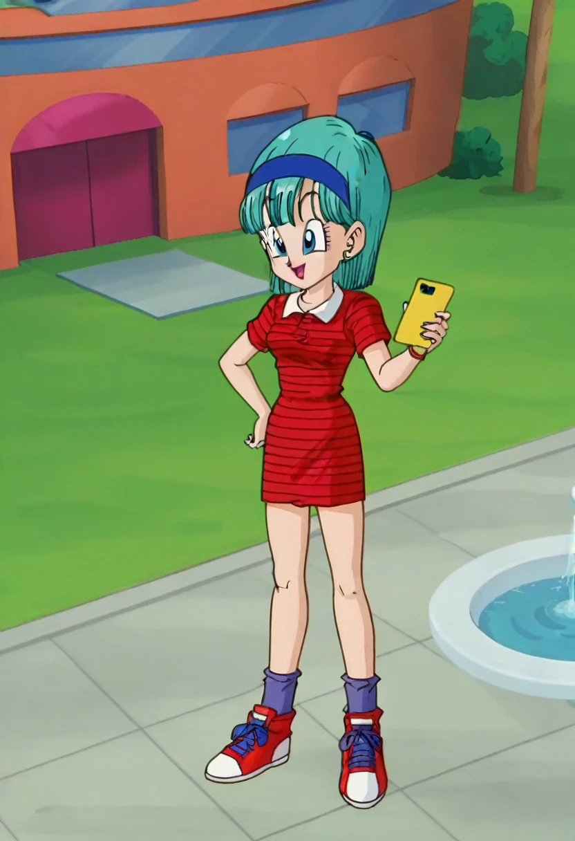 fountain_cheered up, score_9, score_8_above, score_7_above, cheered up screencap,
cell phone saga, Straight hair, aquamarine hair, Blue eyes, Blue headband, BULMA, 1 girl, Alone, red striped dress, short dress, socks, striped, red shoes, zapatillas
  Legs crossed in chair