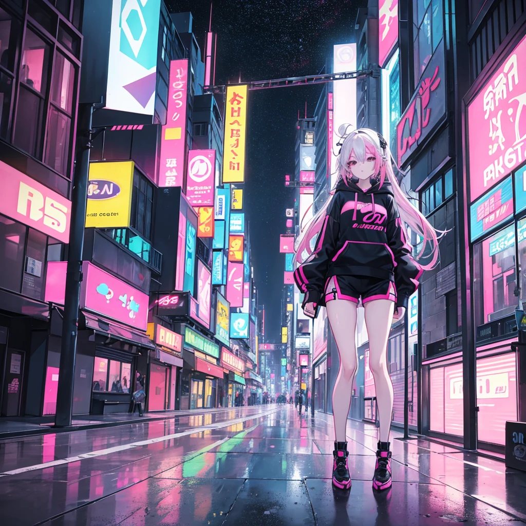 A vibrant and detailed illustration featuring a stylish young woman with long, white hair, standing confidently in a bustling, neon-lit city street at night. She is dressed in a trendy, revealing outfit consisting of a cropped hoodie, a black and pink top, and matching shorts. Her accessories include pink hair clips and various ear piercings, adding to her edgy, modern look. The cityscape is alive with brightly colored signs and advertisements, reflecting off the wet pavement. The overall scene is filled with energy and a lively, urban atmosphere, with a color palette dominated by bright pinks, blues, and purples, emphasizing the contemporary and dynamic nature of the environment.
