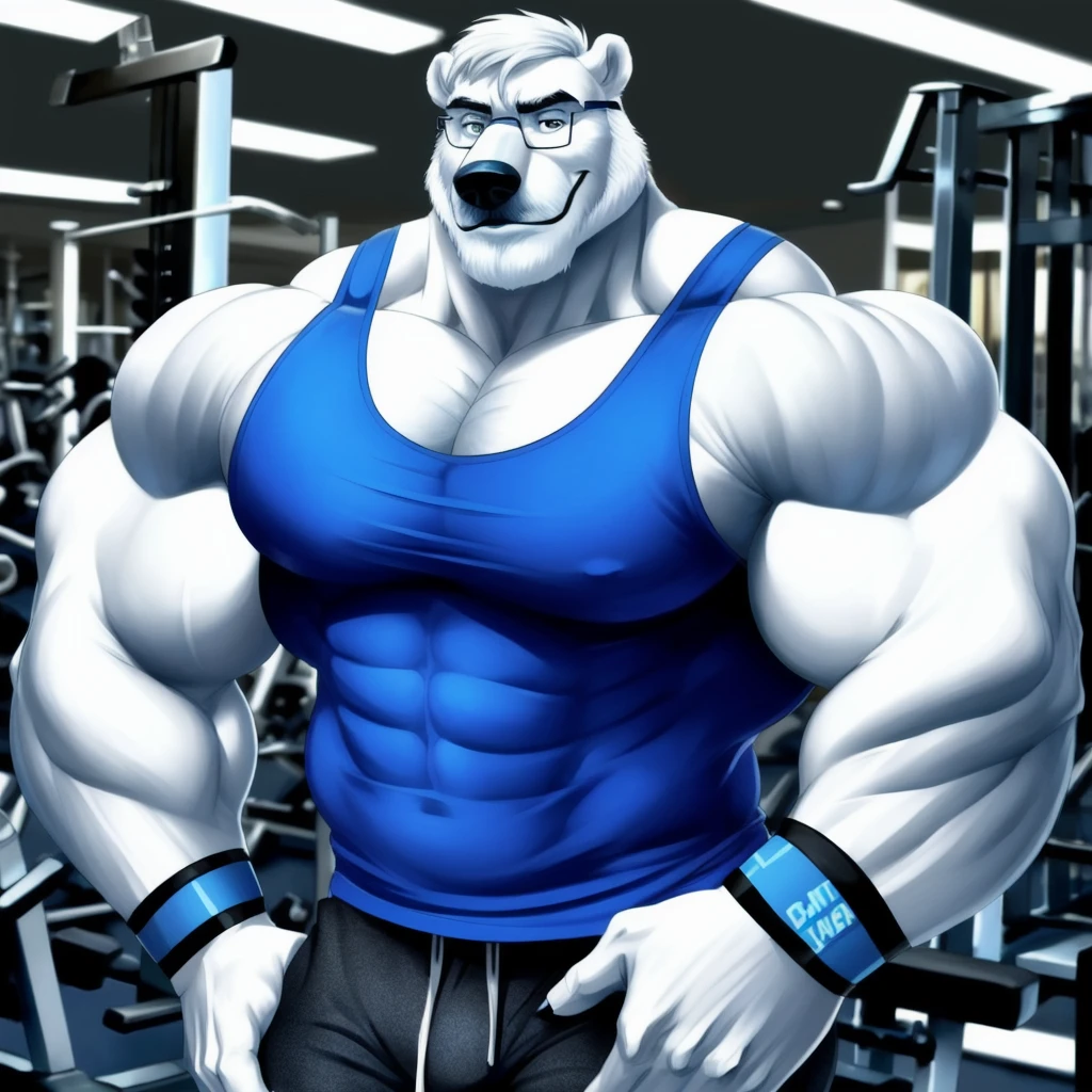 solo, 1boy, Huge Muscular White Polar Bear wearing glasses, huge white fur, pectoral, huge pectoral, wide pectoral, short white hair, blue colored short pants, blue colored wristbands and blue colored tank top, white bearded, white Mustache, white fur, at the gym, flexes huge muscles, disney profile,