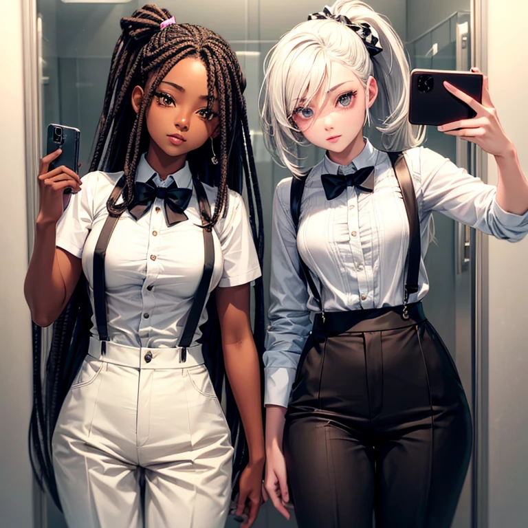 Create an image of a young black with feminine features, maintaining the same style as the person in the provided image. dreads hairstyle but softer, with a white shirt and bow tie, high-waisted tan trousers, and suspenders. The pose should mirror that of taking a selfie with a smartphone, reflecting in a bathroom mirror which has some spots and streaks on it.