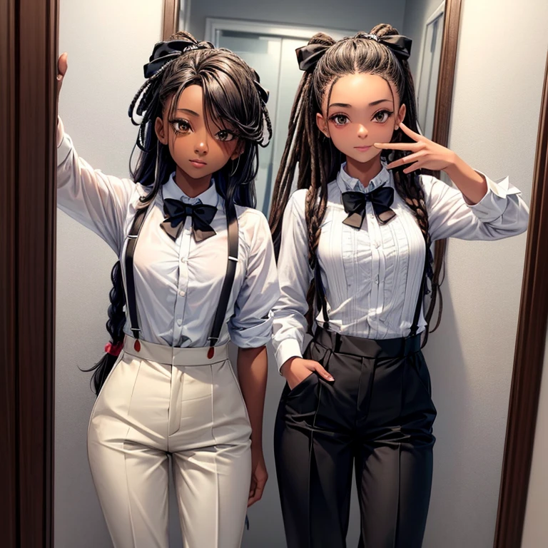 Create an image of a young black with feminine features, maintaining the same style as the person in the provided image. dreads hairstyle but softer, with a white shirt and bow tie, high-waisted tan trousers, and suspenders. The pose should mirror that of taking a selfie with a smartphone, reflecting in a bathroom mirror which has some spots and streaks on it.