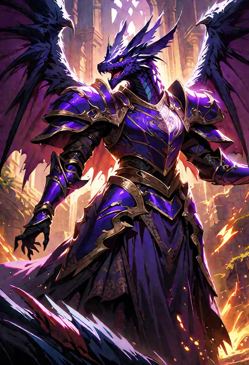 DnD character art, dragon lizard, wings, purple color, armor, fantasy, intricate details, highly detailed, digital painting, cinematic lighting, epic fantasy, ornate armor, medieval, dramatic pose, fierce expression,
