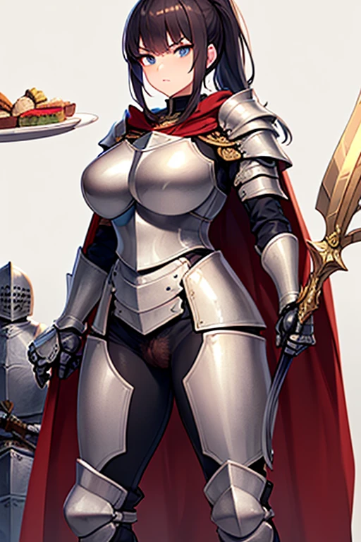 masterpiece, extra limbs, 1lady, 25 years old, gold long high ponytail, gold pubic hair, slant blue eyes, medium pointy breasts large areolas, muscle, serious, standing,hold a greatsword, (((clothed plate armor knight cape))),