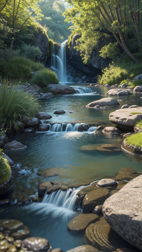 Where the water flows quietly, Very fun, beautiful, calm and beautifully landscaped. Realistic, 8K Ultra HD, Studio Quality, Ultra-realistic, 最大のdetailed, Large scale, Post-processing, Realistic, Realistic, Photoshop, photograph, detailed, Cinema Lighting, landscape, Panorama, scenery, Ray Tracing, Cinema 4D