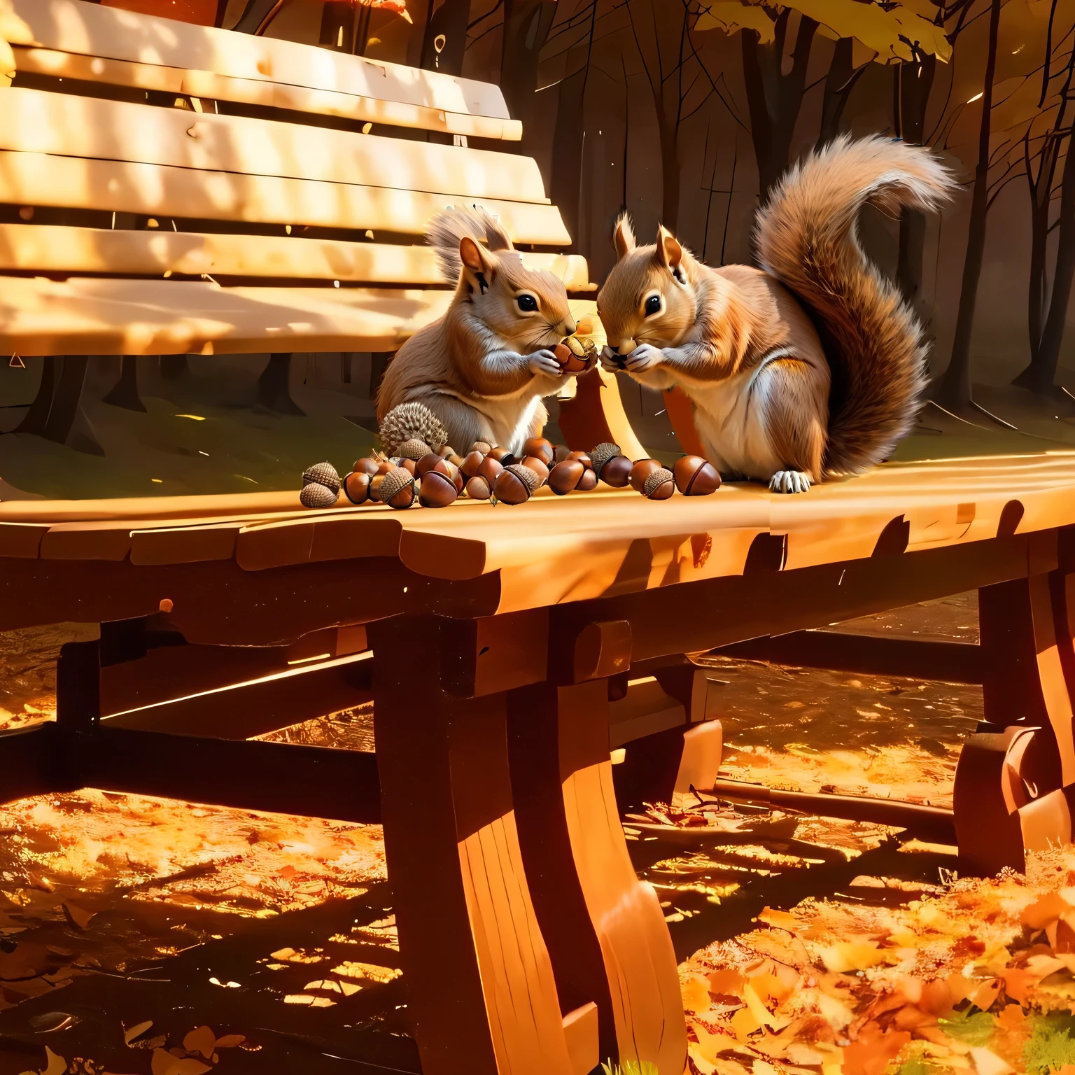 (8K, 16K, Awards, Highest quality, High resolution, Very detailed,Anatomically correct, Realistic, RAW Photos, Tabletop: 1.1),
(squirrel:1.5),二匹のsquirrelはベンチの上,Holding an acorn with both hands and biting into it
