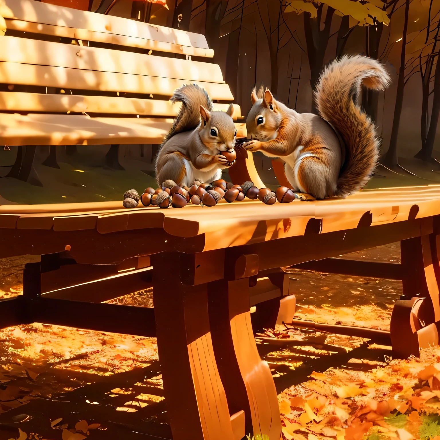 (8K, 16K, Awards, Highest quality, High resolution, Very detailed,Anatomically correct, Realistic, RAW Photos, Tabletop: 1.1),
(squirrel:1.5),二匹のsquirrelはベンチの上,Holding an acorn with both hands and biting into it
