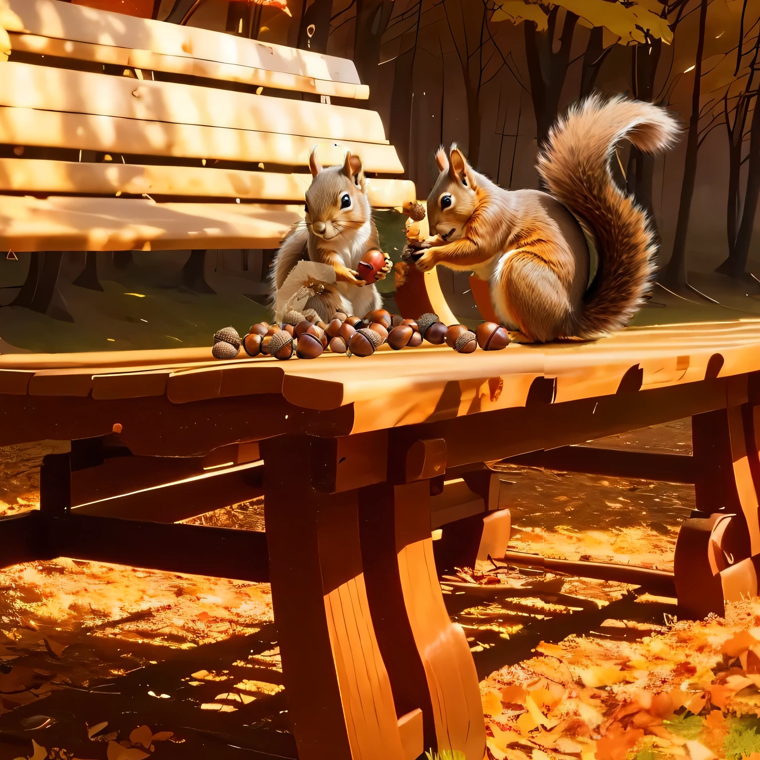 (8K, 16K, Awards, Highest quality, High resolution, Very detailed,Anatomically correct, Realistic, RAW Photos, Tabletop: 1.1),
(squirrel:1.5),二匹のsquirrelはベンチの上,Holding an acorn with both hands and biting into it
