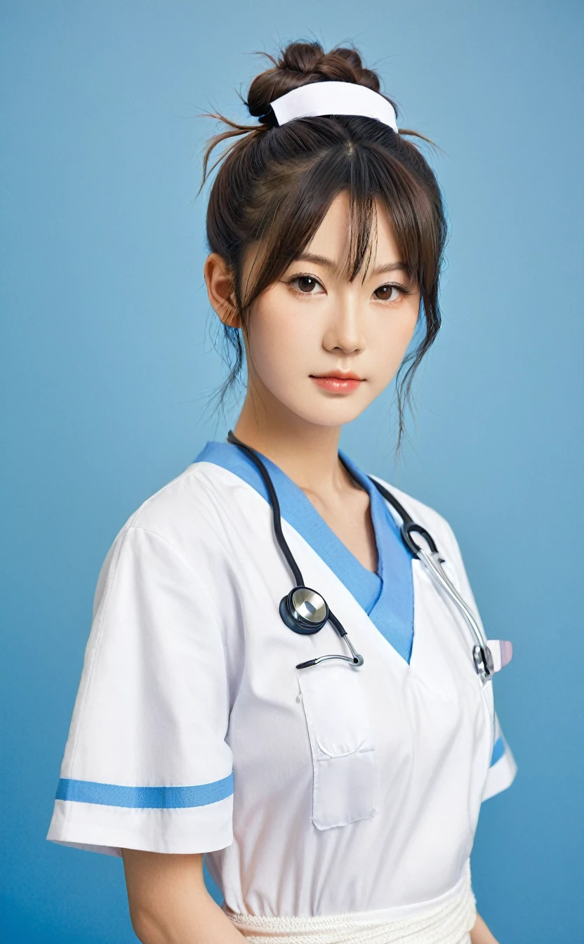 Realistic,Japanese young idol one girl portrait,Her hair is tied up in a loose bun underneath,She is a nurse in a blue doctor&#39;s uniform.,Wearing a Japanese nurse&#39;s hat,Gentle smile,Simple light blue background,Tilting face,Popular Korean makeup,photoRealistic,