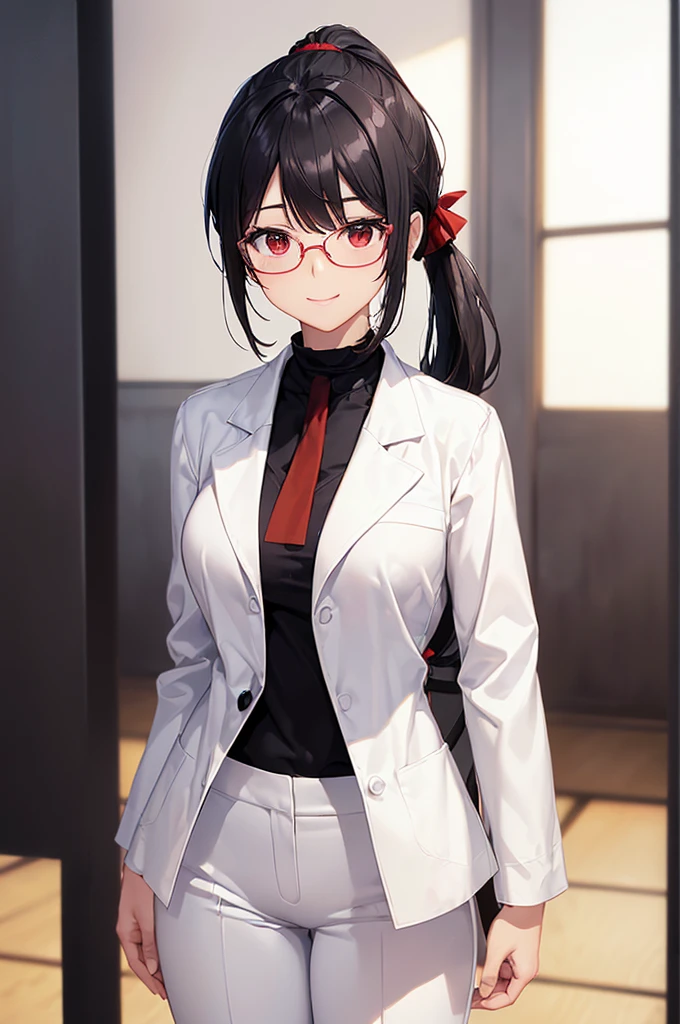 (masterpiece; best quality: 1.2), (finely detailed eyes: 1.3), ((25 year old woman)), ((solo)), (red eyes: 1.4), (body; gorgeous, lithe, femenine: 1.3), (black hair in low-ponytail: 1.3), (beautiful and clear background: 1.2), ((depth of field)), (equipment: white unbuttoned labcoat + black shirt + white tie + white pants + black square glasses: 1.3), (anime illustration: 1.2), (background composition; japanese highschool classroom + furniture: 1.1), (extremely fine and beautiful: 1.1), (shot composition; standing + centered on torso + close-up: 1.5), (expression; calm, smile: 1.2)