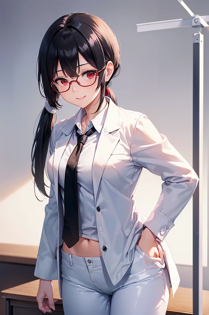 (masterpiece; best quality: 1.2), (finely detailed eyes: 1.3), ((25 year old woman)), ((solo)), (red eyes: 1.4), (body; gorgeous, lithe, femenine: 1.3), (black hair in low-ponytail: 1.3), (beautiful and clear background: 1.2), ((depth of field)), (equipment: white unbuttoned labcoat + black shirt + white tie + white pants + black square glasses: 1.3), (anime illustration: 1.2), (background composition; japanese highschool classroom + furniture: 1.1), (extremely fine and beautiful: 1.1), (shot composition; standing + centered on torso + close-up: 1.5), (expression; calm, smile: 1.2)