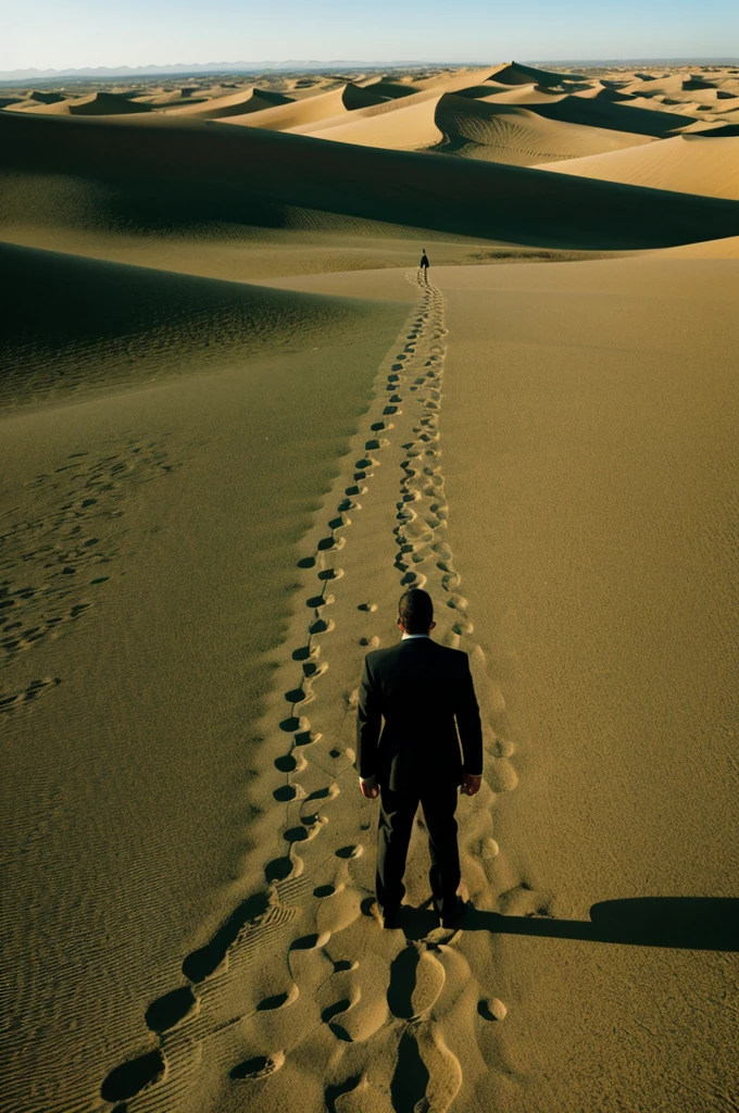 Half black shadow of man Infront hilarious green desert