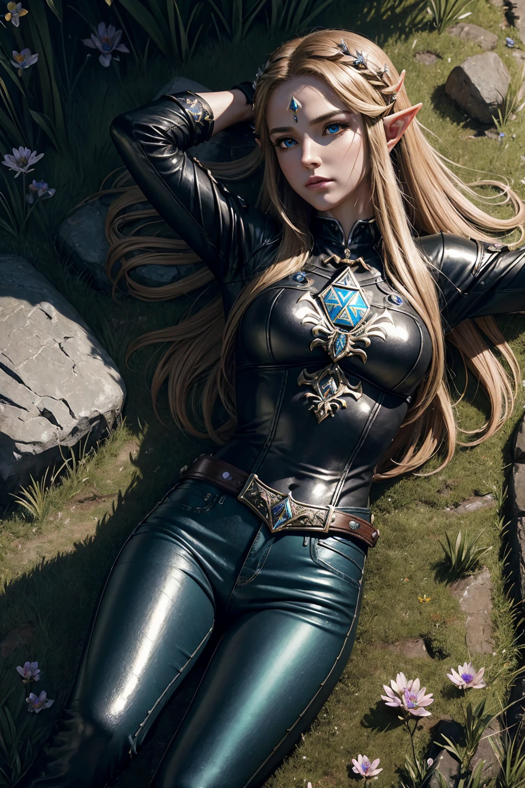 masterpiece.  4k. highly detailed epic fantasy oil painting of beautiful Princess Zelda. . dark ambient. detailed stylish suit,
  shiny reflective leather jeans for the summer.  rock band shirt. athletic. Hyrule motif. lying on grass, stretching. sweating. rain. 
from above, eagle eye shot, far shot. wildflowers.
