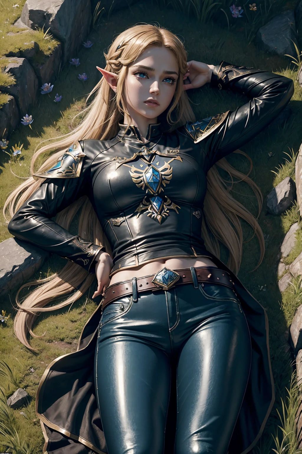 masterpiece.  4k. highly detailed epic fantasy oil painting of beautiful Princess Zelda. . dark ambient. detailed stylish suit,
  shiny reflective leather jeans for the summer.  rock band shirt. athletic. Hyrule motif. lying on grass, stretching. sweating. rain. 
from above, eagle eye shot, far shot. wildflowers.
