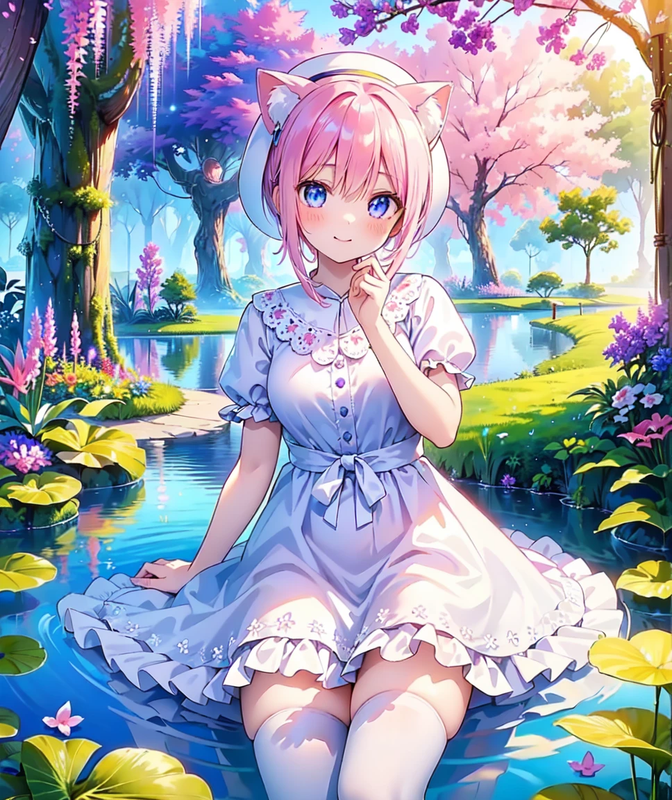 Ichika nakano, magical photography, deep focus bokeh, dressed as sweetie belle from my little pony, solo, 1 girl, in a mythical garden: 2.0, (short pink hair, coil curls: 2.5, dark blue heavenly eyes: 1.5, wearing a green and white dress, happy: 1.5, soft smile, her surroundings are ethereal, ((ultra realistic high quality top quality 4k)),: 3.0, bright sunny day: 1.urple and green flowers everywhere: 3.2, bushes, POND WITH LILY PADS: 3.0, jacaranda trees: 2.0, highly detailed jacaranda trees, green grass: 1.3, wearing a white summer hat with purple ribbon, summer dress with flower patterns, dainty features: 2.0,  like features: 2.0 two white cat ears: 1.0, ONE WHITE THIN THIN REALLY THIN HORN ON HER FOREHEAD, two white cat ears, pure white skin, green thigh high, highly detailed legging, purple heel, shiny hair, slightly shiny skin, sun rise, morning, shining ponds, lavender flower everywhere, shining eyes, soft gentle smile cute pink soft light blush,