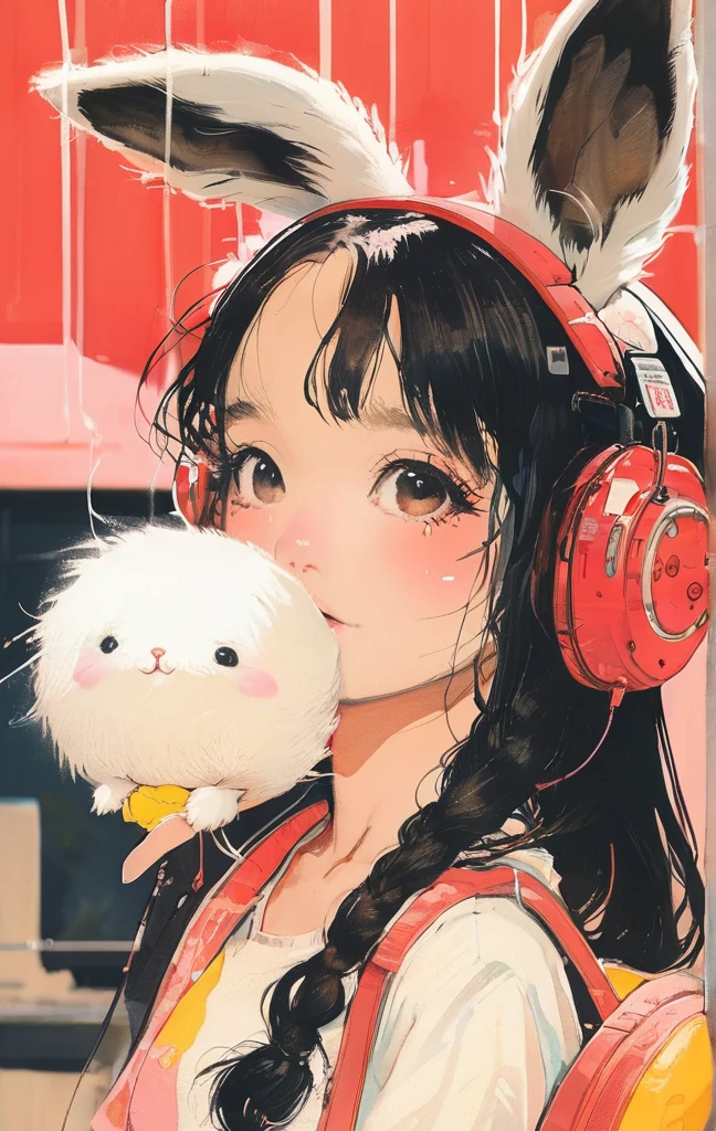 On a bright red campus"YES"Character、beautiful illustration, best quality, cute girl, bedroom, pastel color, fluffy bunny ears, , silver long hair, rabbit stuffed toy, bright lighting, light pink eyes、alone, One girl, profile,Black Bob,　profile,  The background color is solid yellow,An illustration