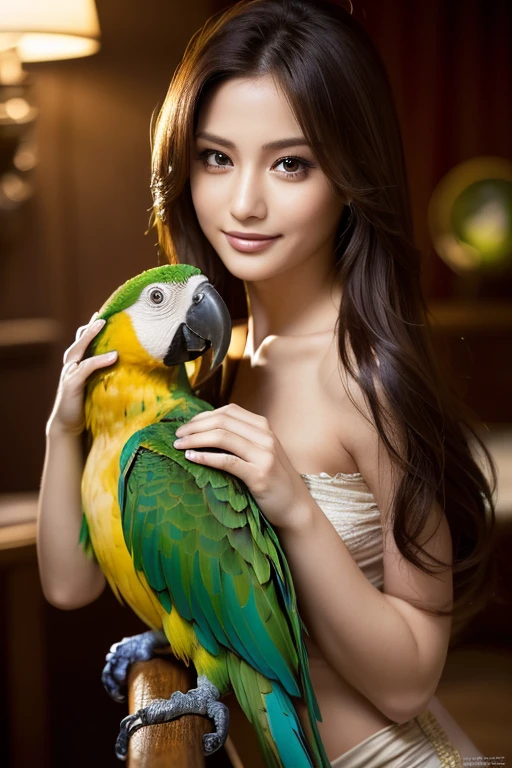 A woman caressing her pet parrot:1.5, Dynamic, cinematic photos,(Ultra Realistic, High resolution), (Highly detailed eyes, Highly detailed hair, highly Detailed face, Highly detailed plump lips，Perfect Anatomy),(Highest quality:1.4), (Realistic, photo-Realistic:1.37), Professional photography, Cinematic Light, (Detailed face: 1.2), smile, Waist line, Highly detailed skin,very thin fingers