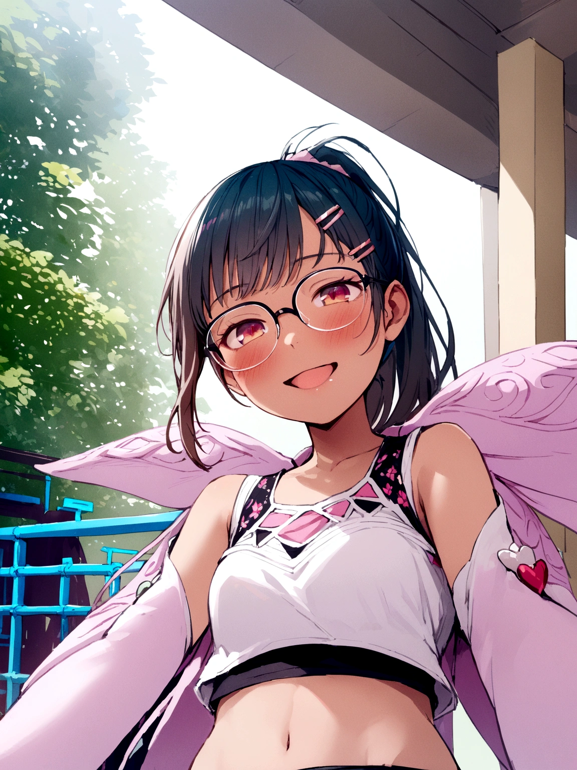 highres, masterpiece,highest quallity, ultra detailed, (detailed eyes), (detailed face), 1girl,illustration, white hair, red eyes, highest details, (luminous eyes), flat breats, backlighting, (midriff:1.4), light rays, high contrast, colorful,komori_idol, (ponytail:1.2),(happy:1.2),looking at viewer,upper body,(white shirt:1.3),(transparent glasses),(hairclip:1.2