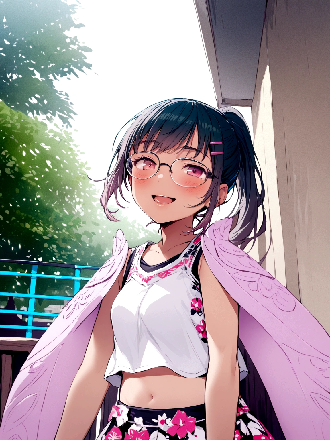 highres, masterpiece,highest quallity, ultra detailed, (detailed eyes), (detailed face), 1girl,illustration, white hair, red eyes, highest details, (luminous eyes), flat breats, backlighting, (midriff:1.4), light rays, high contrast, colorful,komori_idol, (ponytail:1.2),(happy:1.2),looking at viewer,upper body,(white shirt:1.3),(transparent glasses),(hairclip:1.2