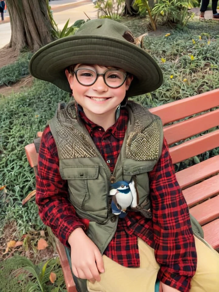 a 12 year old boy, happy and cheerful expression, big head, wide happy smile, friendly demeanor, bird watcher outfit, 4D cartoon caricature, enlarged head, tiny, full body illustration, (best quality,4k,8k,highres,masterpiece:1.2),ultra-detailed,(realistic,photorealistic,photo-realistic:1.37),hyperrealistic,3D, highly detailed, vibrant colors, soft lighting, whimsical, playful, fun, quirky