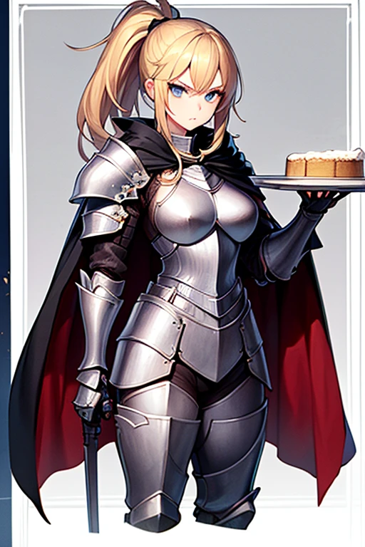 masterpiece, extra limbs, 1lady, 25 years old, gold long high ponytail, gold pubic hair, slant blue eyes, medium pointy breasts large areolas, muscle, serious, standing,hold a greatsword, (((clothed plate armor knight cape))),