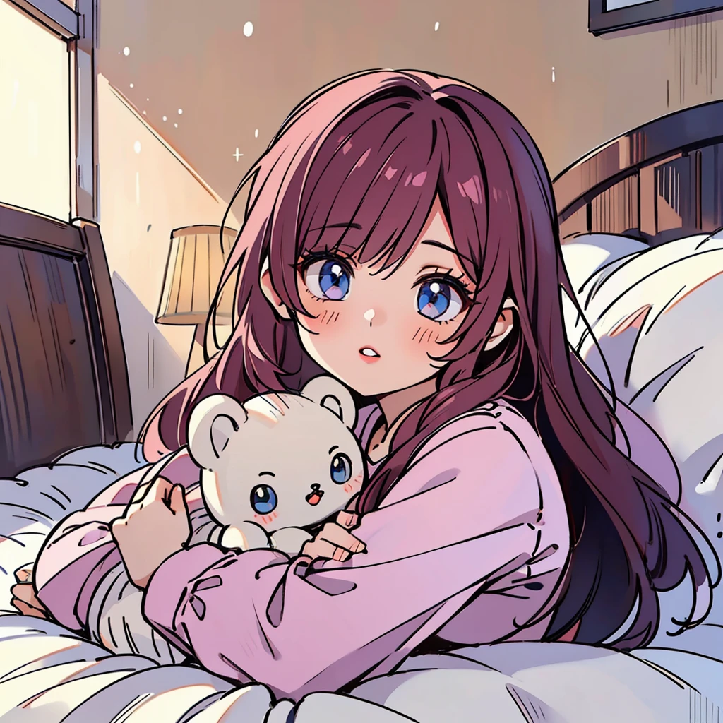 a cute  doll in pajamas, photorealistic, beautiful detailed eyes, beautiful detailed lips, extremely detailed face, longeyelashes, 1girl, sitting on bed, having pajama , warm lighting, soft pastel colors, cozy bedroom interior, plush toys, stuffed animals, decorative pillows, fuzzy blankets, (best quality,4k,8k,highres,masterpiece:1.2),ultra-detailed,(realistic,photorealistic,photo-realistic:1.37),HDR,UHD,studio lighting,ultra-fine painting,sharp focus,physically-based rendering,extreme detail description,professional,vivid colors,bokeh