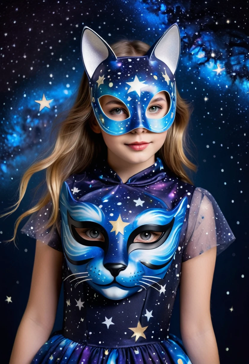 Celestial Feline: Girl in starry night-themed gown wearing a cosmic cat mask with galaxy swirls and twinkling stars