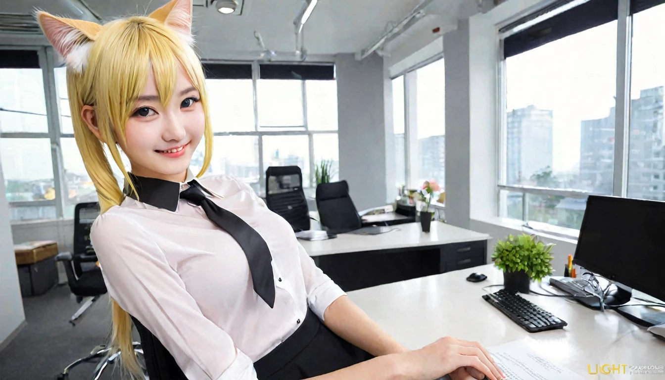 Not suitable for working hours, masterpiece, (best quality:1.2), (Clear focus:1.2),, 1 girl, Slim girl,, (Blonde|Light_Yellow hair), Cat ears,, Delicate face, young|Cute face, blush, Smile,, natural breast, Thin arms,, White collar shirt with black tie, Black necklace,, In a modern office, indoor