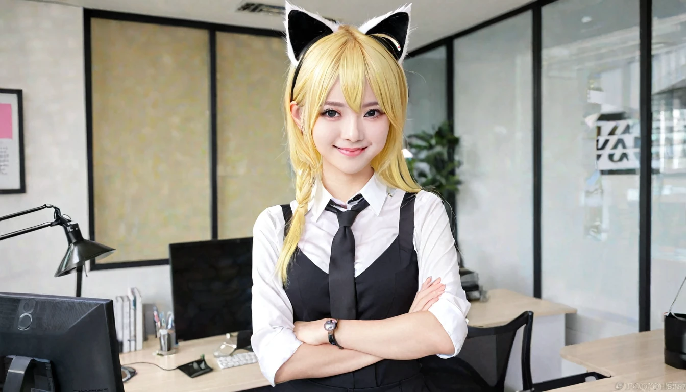 Not suitable for working hours, masterpiece, (best quality:1.2), (Clear focus:1.2),, 1 girl, Slim girl,, (Blonde|Light_Yellow hair), Cat ears,, Delicate face, young|Cute face, blush, Smile,, natural breast, Thin arms,, White collar shirt with black tie, Black necklace,, In a modern office, indoor