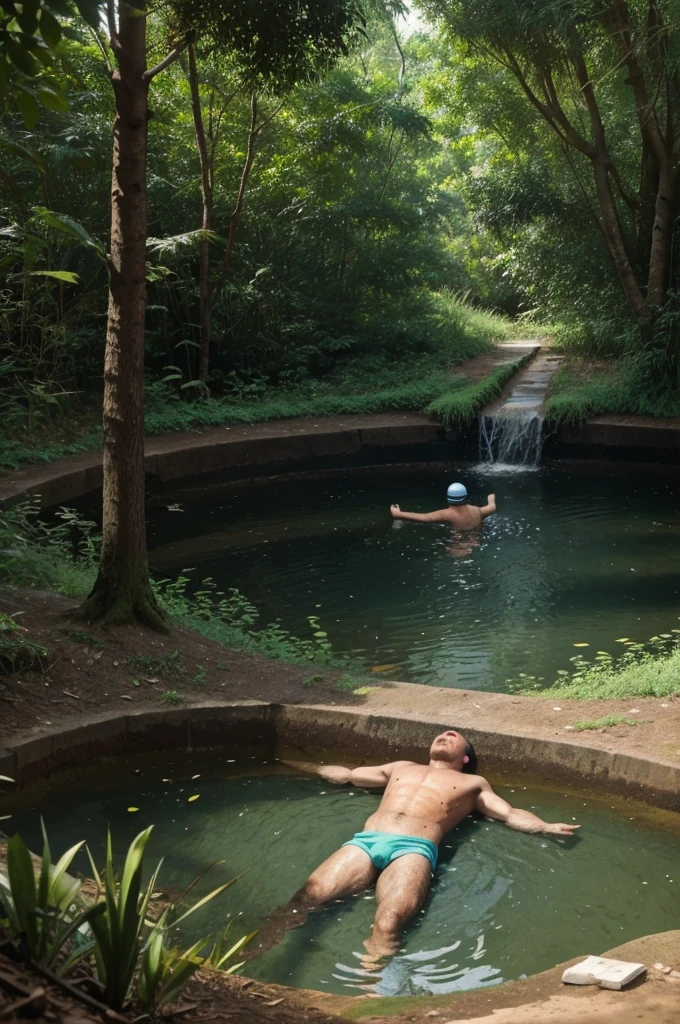 A man fell down in the water well and trying to reach out of the deep water well in the forest, animated cartoon 
