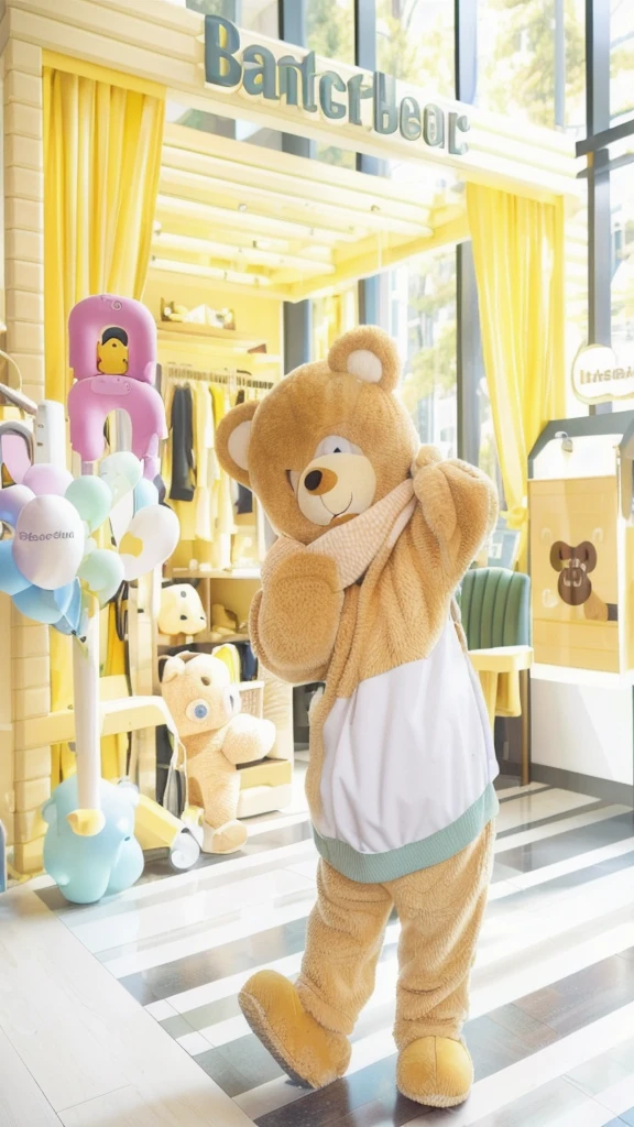 Secretly photographed from a distance, wide angle, cute bear mascot. light brown Take off your clothes and become a real bear. There was golden yellow liquid flowing from his body.