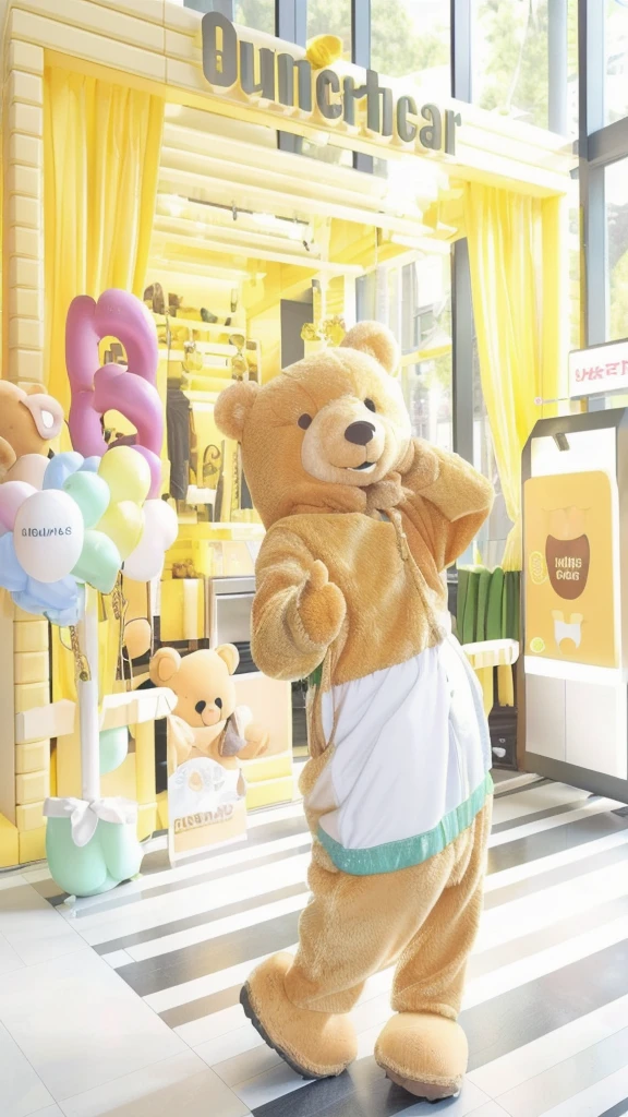 Secretly photographed from a distance, wide angle, cute bear mascot. light brown Take off your clothes and become a real bear. There was golden yellow liquid flowing from his body.