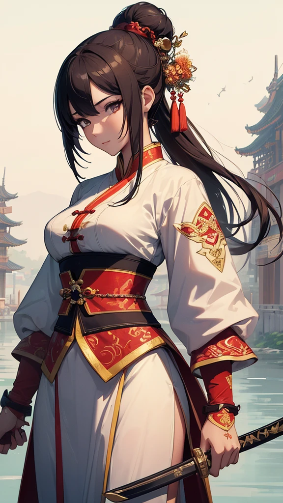 (((Highest quality))),(((Super detailed))),(((masterpiece))),figure,Xinza3枚,3Women,Swordsman,Woman warrior,Chinese traditional clothing,Are standing,Ink Style,martial arts,background,Xinza