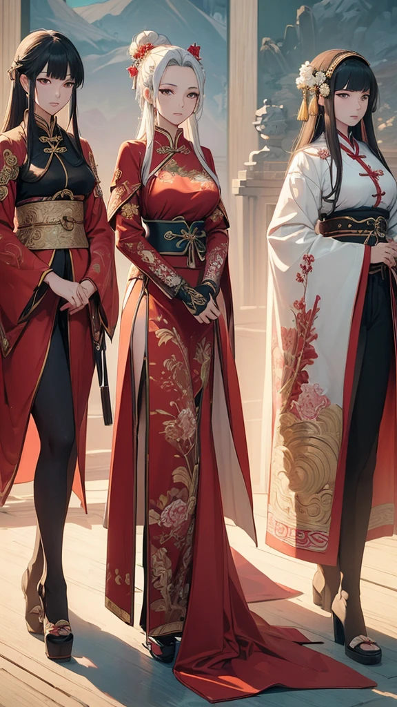 (((Highest quality))),(((Super detailed))),(((masterpiece))),figure,Xinza3枚,3Women,Swordsman,Woman warrior,Chinese traditional clothing,Are standing,Ink Style,martial arts,background,Xinza