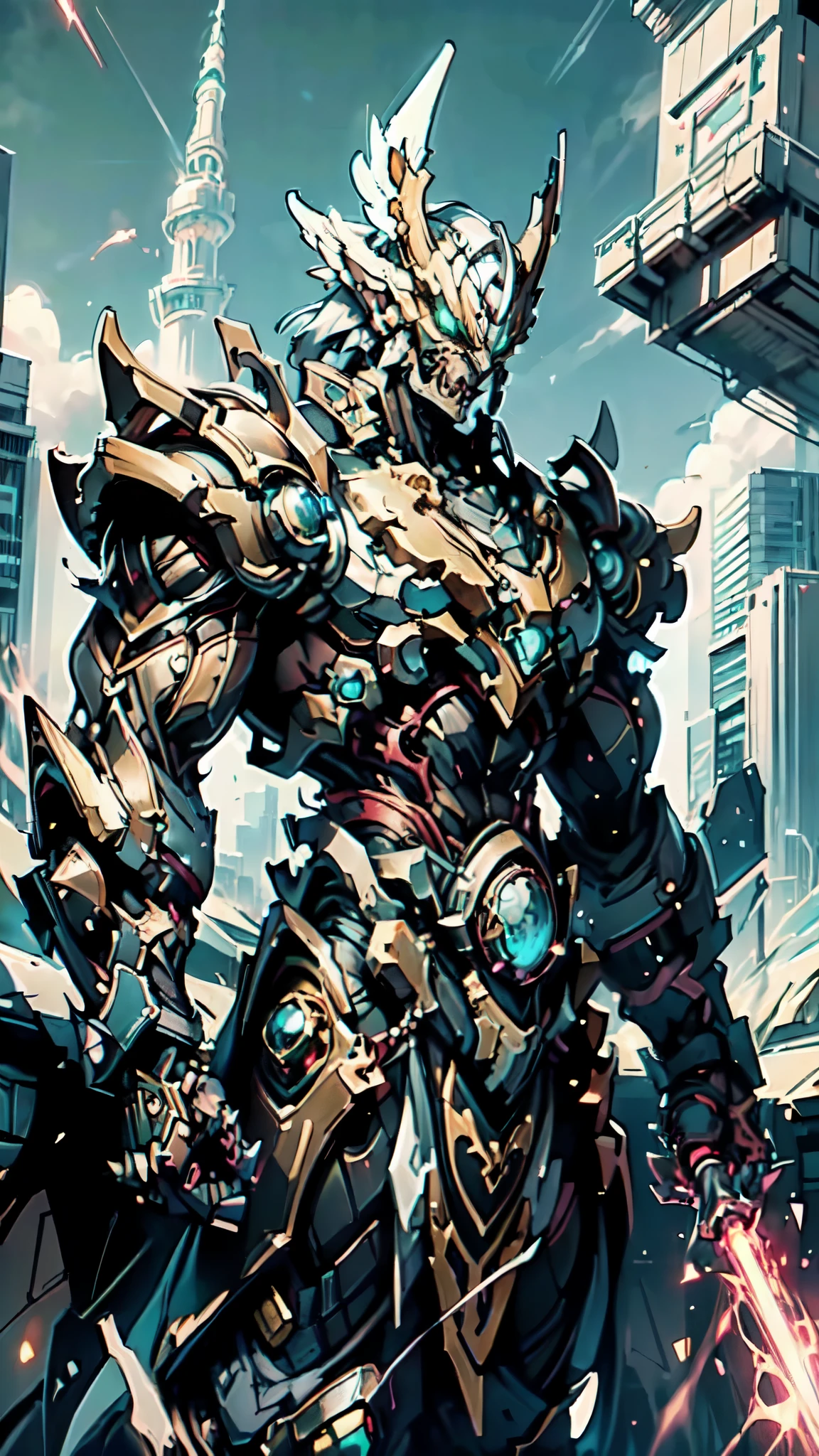 (masterpiece:1.5, best quality:1.5, extremely delicate:1.5, perspective:1.5, foreshortening:1.5, dynamic angle:1.5), a man wearing a full-face helmet, a fantasy-style biotech armored combat suit, green eyes, (a composite layered chest armor), fully enclosed shoulder guards, matching arm and leg guards, the belt is adorned with fangs biting into orbs, (the color scheme is primarily black with red accents), the design balances heavy with agility, a high-tech bio-mecha armor, (Armor Concept Inspired by Bat, stand on the top of a skyscraper in a futuristic sci-fi city), this character embodies a finely crafted fantasy-surreal style armored hero in anime style, exquisite and mature manga art style, (element, plasma, energy, the armor glows), ((male:1.5)), metallic, high definition, highres, ultra-detailed, ultra-fine painting, professional, perfect body proportions, golden ratio, anatomically correct, symmetrical face, extremely detailed eyes and face, high quality eyes, creativity, RAW photo, UHD, 32k, Natural light, cinematic lighting, masterpiece-anatomy-perfect
