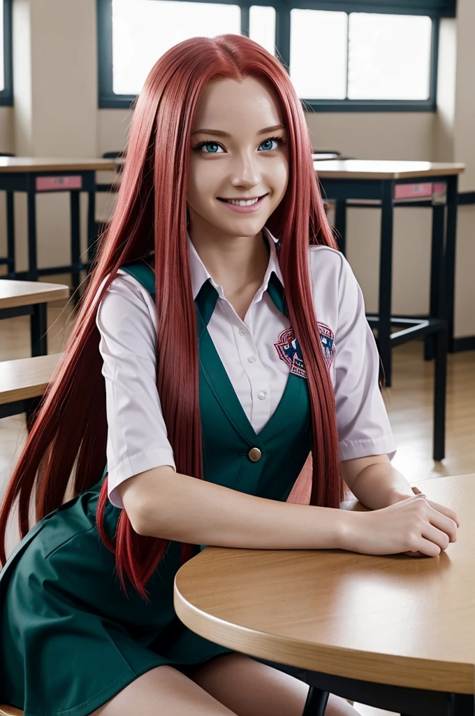 Screenshot of My Hero Academia Girl with long straight red hair and white locks Phosphorescent pink eyes has a happy expression She is wearing the UA uniform and has a school background and is sitting at a table