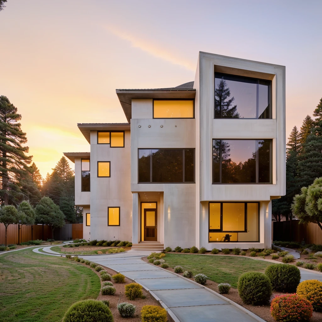 The MODERN HOUSE is located on the upper hill, (curly pathway in front of the house), white wall, concrete, glass windows, wood ceilings, ((big front yard)), court outside, rocky, pine forest, in FALL, ((SUNSET))