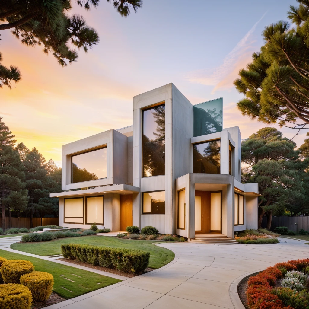 The MODERN HOUSE is located on the upper hill, (curly pathway in front of the house), white wall, concrete, glass windows, wood ceilings, ((big front yard)), court outside, rocky, pine forest, in FALL, ((SUNSET))