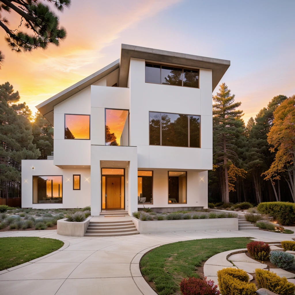 The MODERN HOUSE is located on the upper hill, (curly pathway in front of the house), white wall, concrete, glass windows, wood ceilings, ((big front yard)), court outside, rocky, pine forest, in FALL, ((SUNSET))