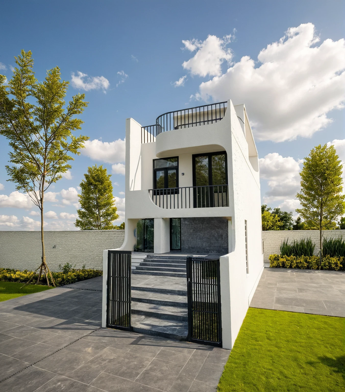 Masterpiece, high quality, best quality, authentic, super detail, outdoors, onestoreyvillaXL, aiaigroup, house style modern on the street ,stairs, white wall ,road,pavement, grass, trees, sky, cloud, (daylight:1.1)