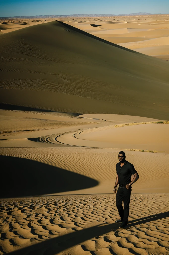 Big Half black shadow of man Infront of hilarious green desert