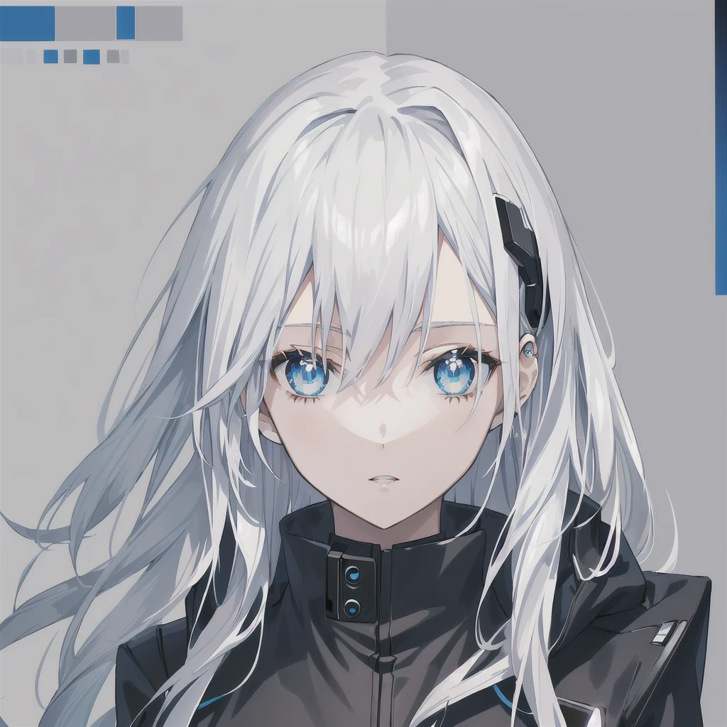 anime girl with long white hair and blue eyes in a black jacket, Cyborg - Silver Haired Girl, Detailed Anime Character Art