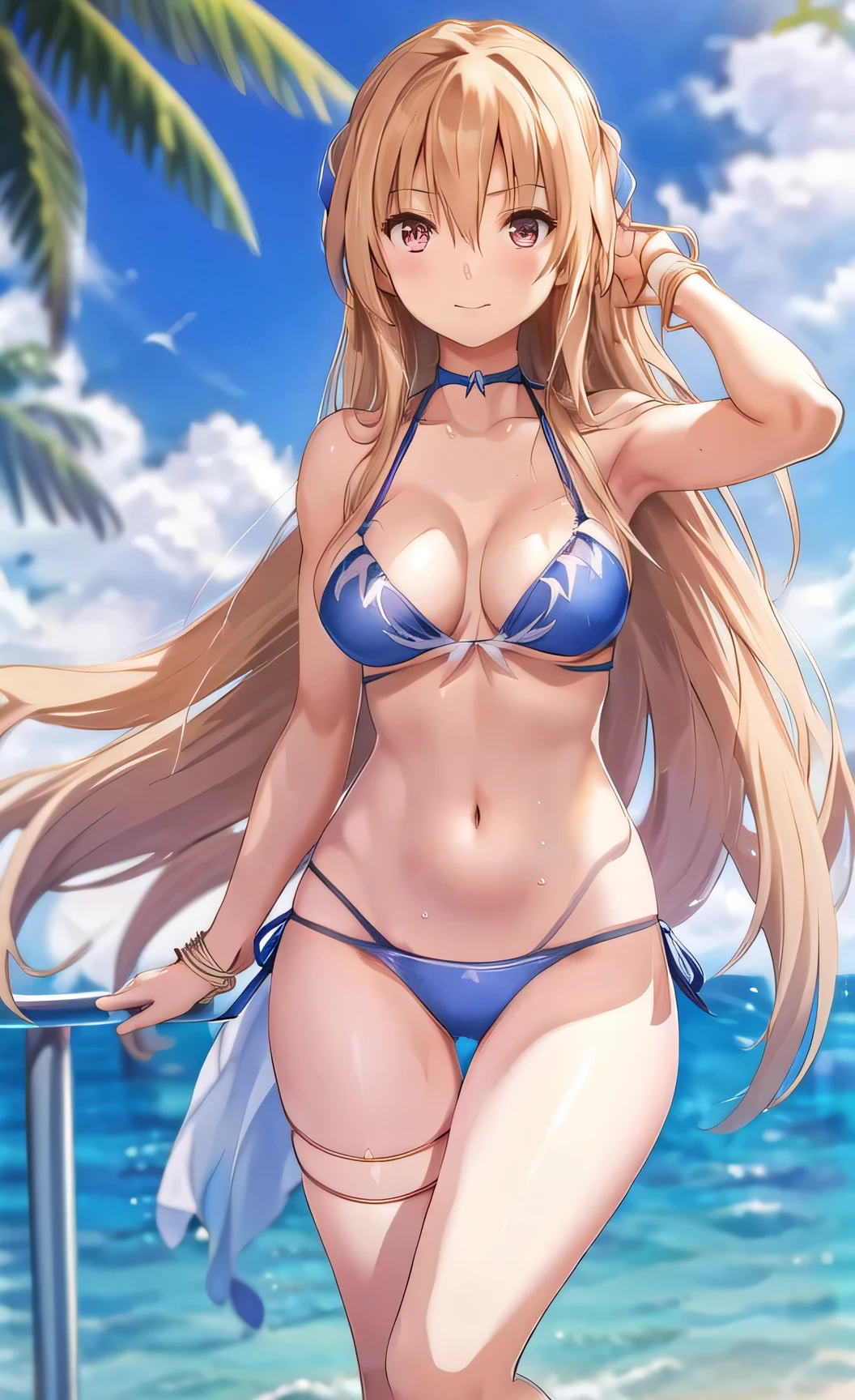 Anime Artwork Highly Detailed CG Unity 8K Wallpaper, Realistic, A girl by Guido Daniele, Swimwear, Long Hair, chest, 比基尼, alone, close your eyes, belly button, Day, Outdoor, Chest cleavage, blue 比基尼, bionde, smile, zero, blue zero, very Long Hair, cloud, medium chest, side-tie 比基尼 bottom, Blurred, clavicle, ribbon, Mouth closed, Blurred background, Thigh Gap, put your hands in your hair, thigh ribbon, halter neck, Are standing, jewelry, handrail, bangs, Stomach, Thigh straps, Floating Hair, Bare shoulders ,flip flops,(((Body))),